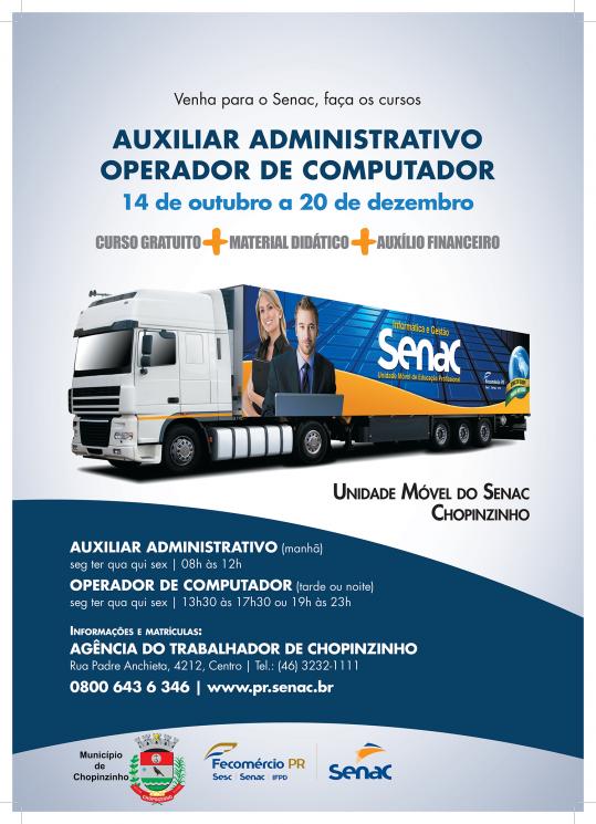 Cursos de operador de computador e de auxiliar administrativo serão disponibilizados aos Chopinzinhenses