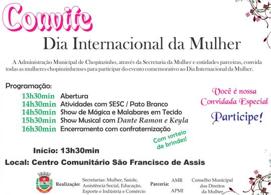 Comemoração do Dia Internacional da Mulher será no sábado, dia 22