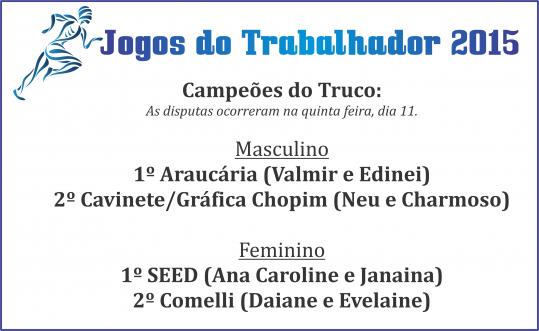 Jogos do Trabalhador 2015: Conheça os campeões do Truco nas categorias feminino e masculino.