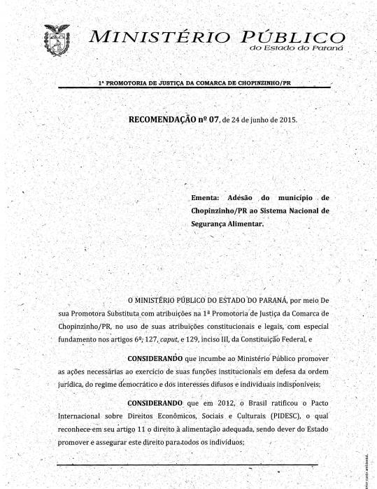 Recomendação administrativa 07/2015 emitida pelo Ministério Público do Paraná