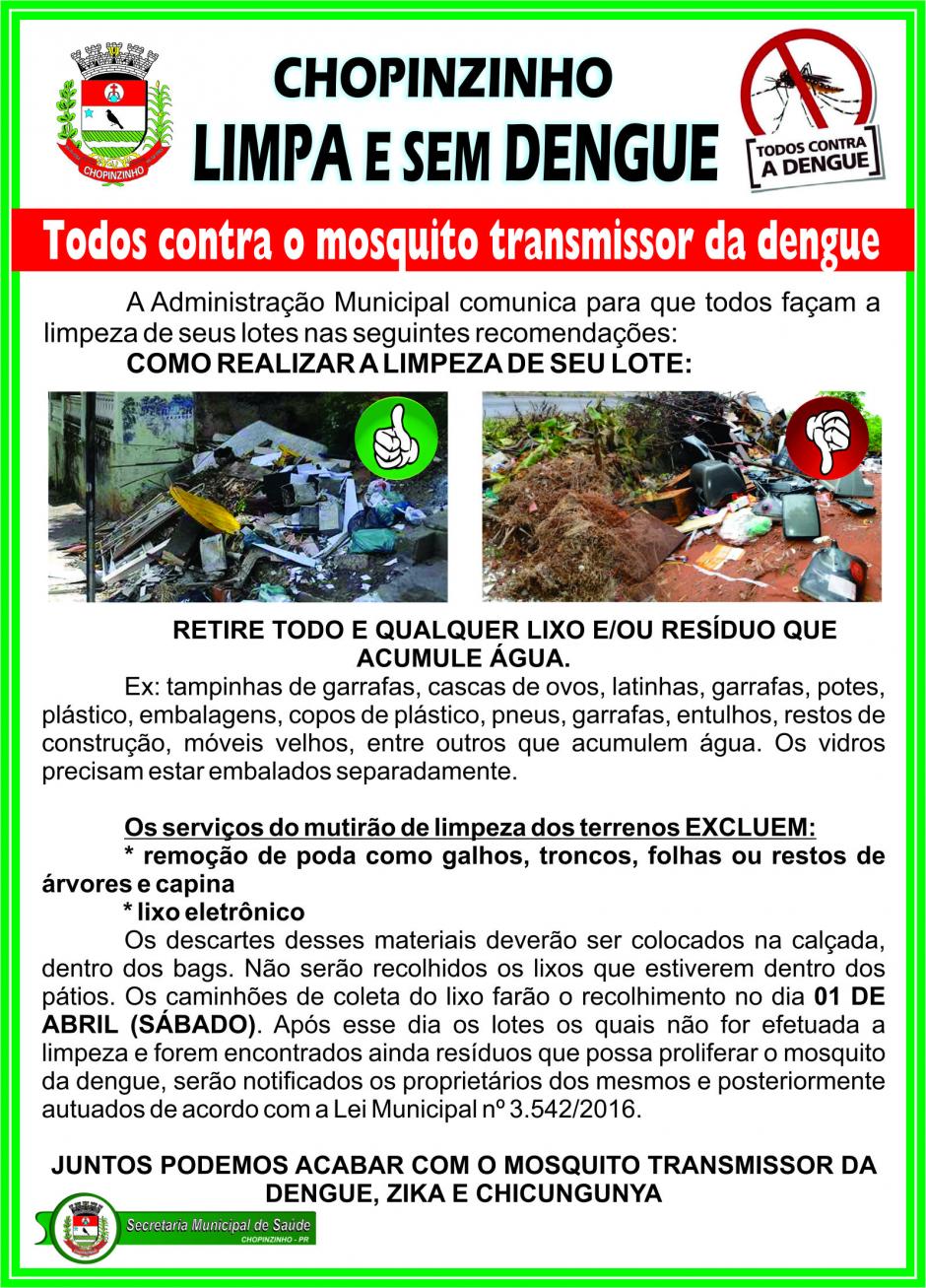 Mutirão de Limpeza da Dengue acontece dia 01 de abril