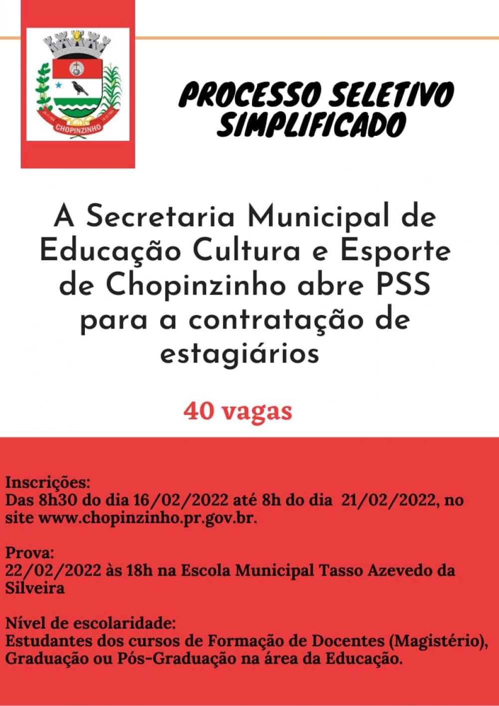 Secretaria de Educação abre PSS para contratação de estagiários