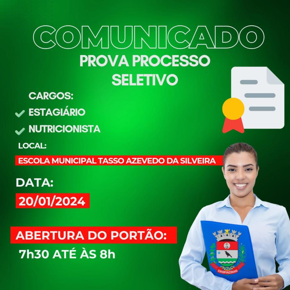 PROVA PARA PROCESSO SELETIVO ACONTECE NESTE SÁBADO.
